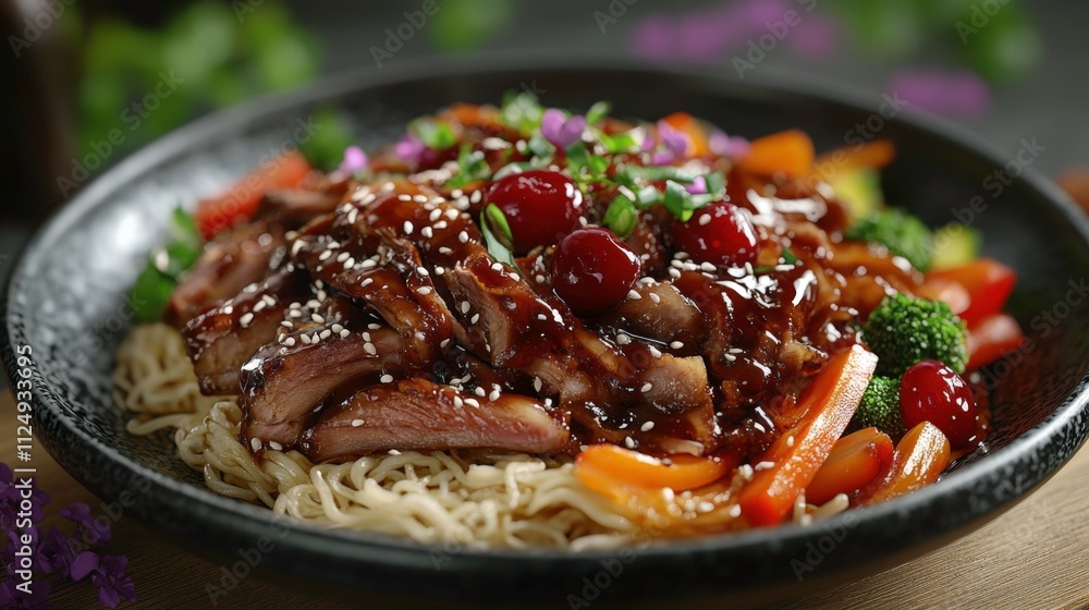 Crispy Peking Duck Slices with Teriyaki Sauce, Rice Noodles, and Wok-Fried Vegetables, Garnished with Green Onions and Sesame Seeds Crispy Peking Duck Slices with Teriyaki Sauce, Rice Noodles, and Wok-Fried Vegetables, Garnished with Green Onions and Sesame Seeds