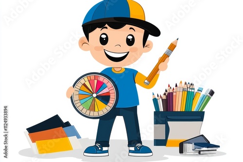 A cheerful depiction of a designer holding a color wheel and a pencil, surrounded by creative elements like patterns and swatches photo