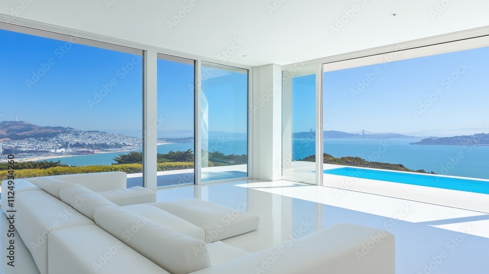 Fototapeta premium Modern Living Room with Spectacular View of Bay and City Skyline