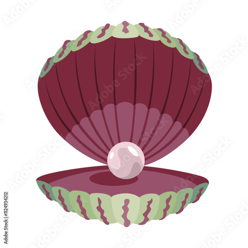 Pearl in seashell. Open seashell scallop and pearl shell icon. Beautiful pearl in clam shell in cartoon flat style. Vector illustration isolated on white background