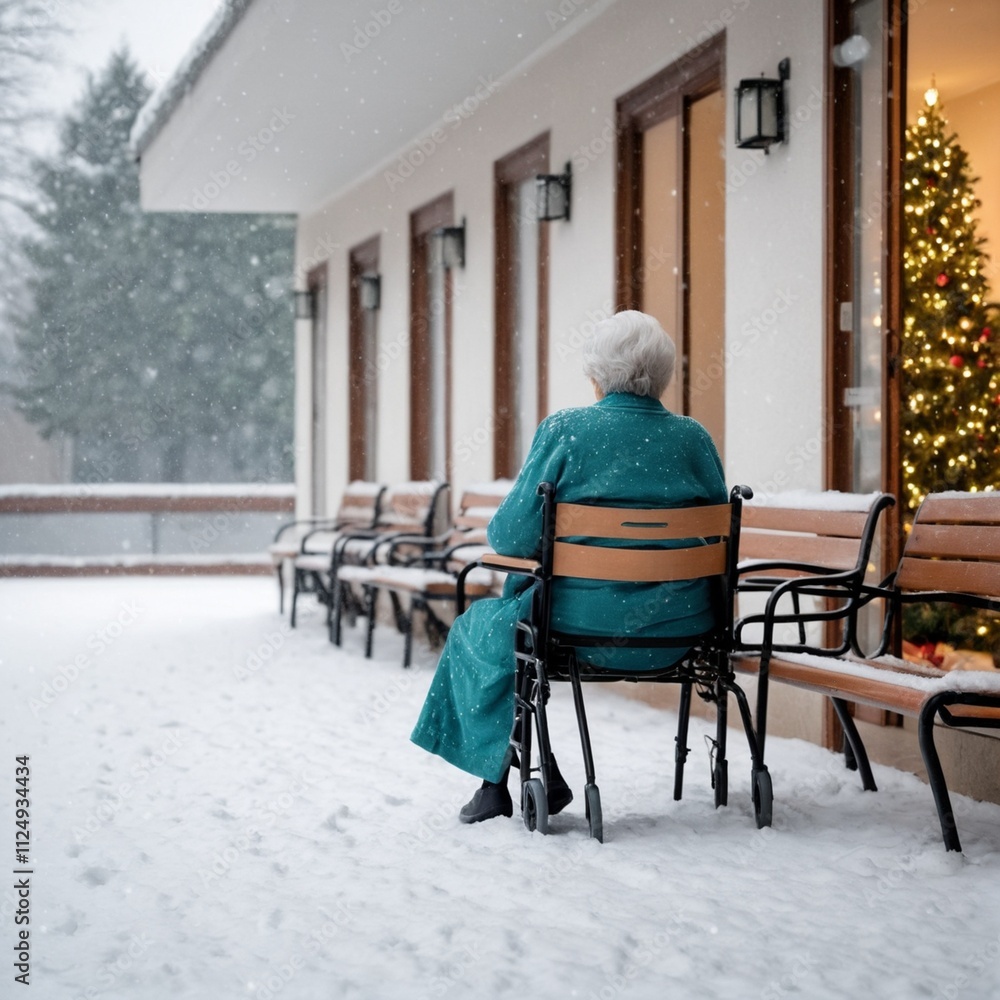 Back view of lonely old woman sitting by her selves at nursing home, Christmas time. Christmas Eve snowfall, New Year's background outside Back view of lonely old woman sitting by her selves at nursing home, Christmas time. Christmas Eve snowfall, New Year's background outside