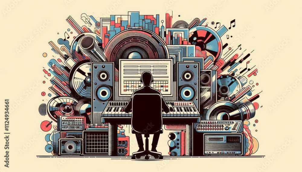 Fototapeta premium musician playing synthesizers in recording studio abstract illustration music creation content created with generative AI software