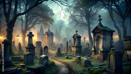 Ancient cemetery with ornate headstones shrouded in an eerie mist photo