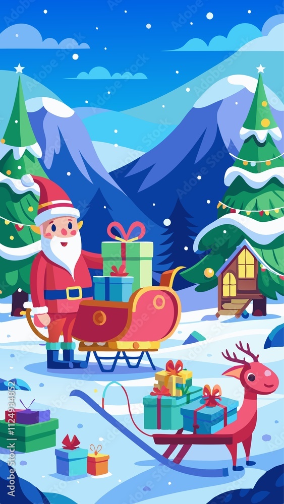 A cartoonish scene of Santa Claus pulling a sleigh with a reindeer and presents A cartoonish scene of Santa Claus pulling a sleigh with a reindeer and presents