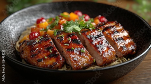 Crispy Peking Duck Slices with Teriyaki Sauce, Rice Noodles, and Wok-Fried Vegetables, Garnished with Green Onions and Sesame Seeds