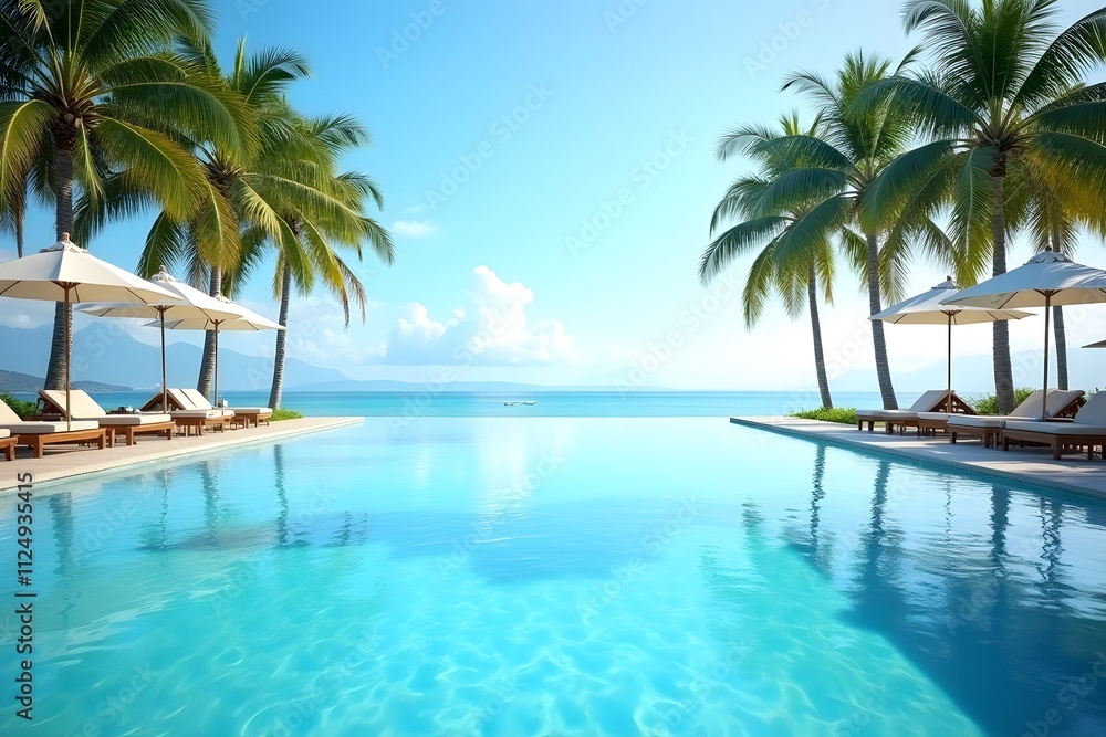 A crystal-clear infinity pool surrounded by palm trees. A crystal-clear infinity pool surrounded by palm trees.