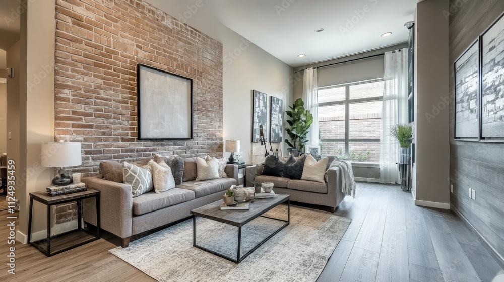 Modern interior of living room with brick wall and grey sofa. 3d render Modern interior of living room with brick wall and grey sofa. 3d render