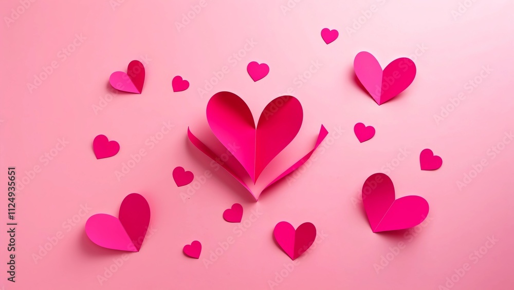 Composition for Valentine's Day February 14th. Delicate pink background and pink hearts cut out of paper. Greeting card. Flat lay, top view, copy space Composition for Valentine's Day February 14th. Delicate pink background and pink hearts cut out of paper. Greeting card. Flat lay, top view, copy space