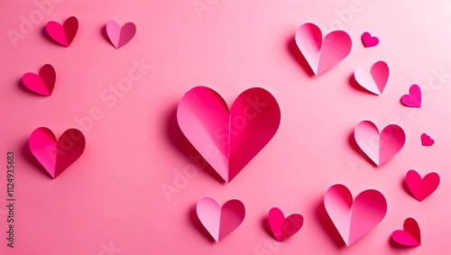 Composition for Valentine's Day February 14th. Delicate pink background and pink hearts cut out of paper. Greeting card. Flat lay, top view, copy space