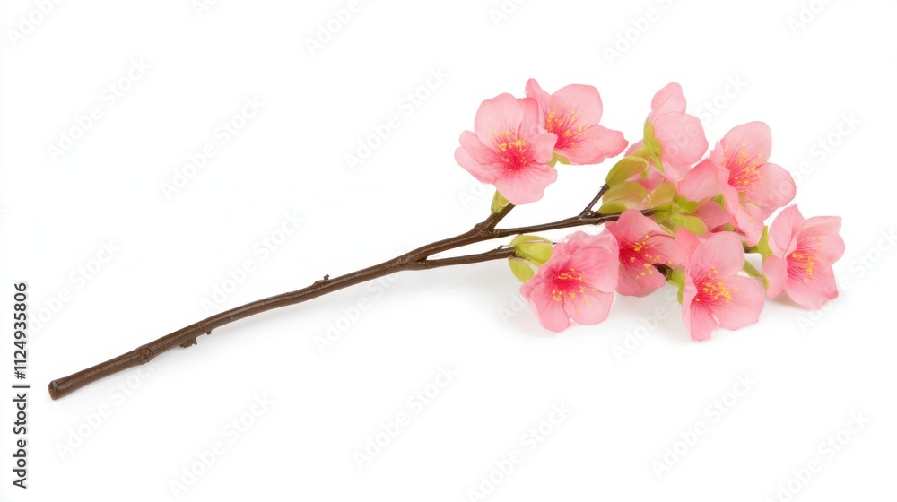 Fototapeta premium Realistic pink cherry blossom branch with delicate petals on white background