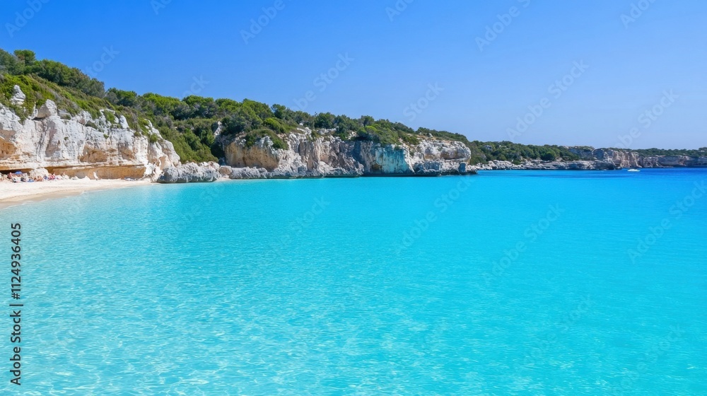 Serene Tropical Beach with Clear Turquoise Water and Lush Green Cliffs Serene Tropical Beach with Clear Turquoise Water and Lush Green Cliffs