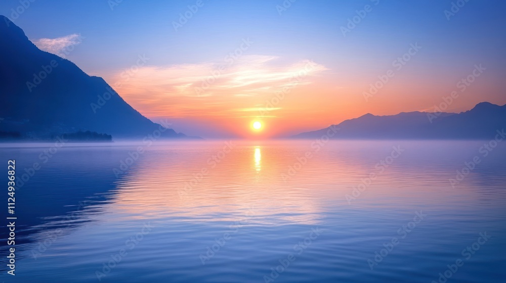 Serene sunrise over calm lake with mountains and mist. Serene sunrise over calm lake with mountains and mist.