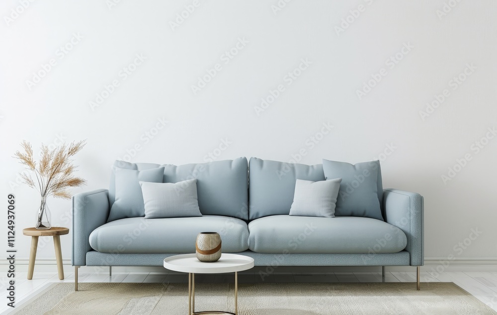 Minimalist living room with a light blue sofa. coffee table. and a vase with dried plants Minimalist living room with a light blue sofa. coffee table. and a vase with dried plants