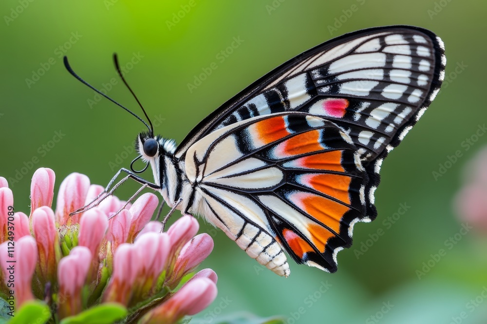 Fototapeta premium A detailed shot of a dwarf butterfly resting on a flower petal, with its delicate wings showing intricate patterns