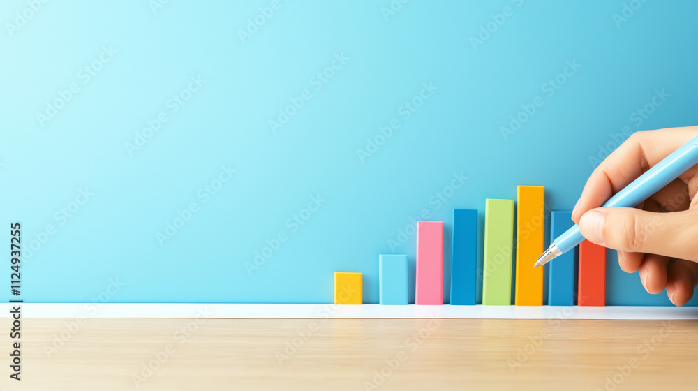 hand holding pen near colorful bar graphs on table hand holding pen near colorful bar graphs on table