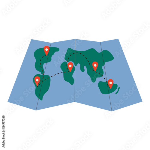 a folded world map with green continents, red location markers, and dotted lines connecting points, representing travel routes or destinations.