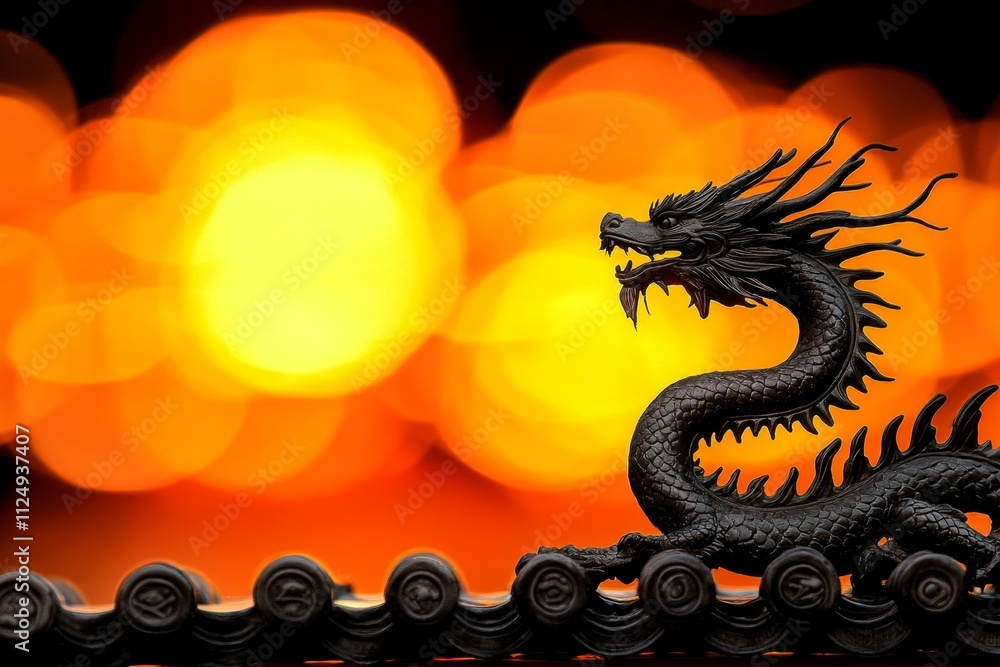 A dragon basking in the light of a setting sun, with the horizon casting long shadows across its immense form A dragon basking in the light of a setting sun, with the horizon casting long shadows across its immense form