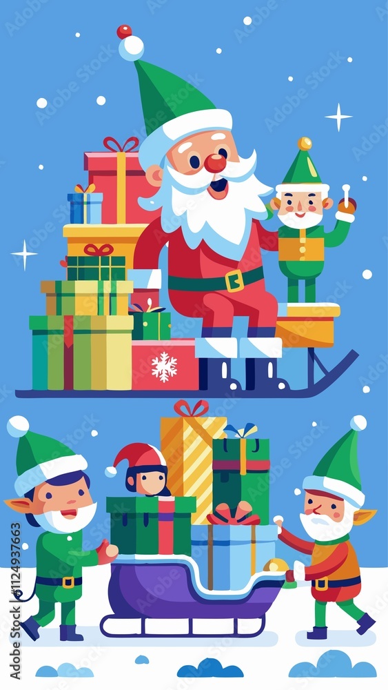 A cartoon of Santa Claus and three elves are pulling a sled full of presents A cartoon of Santa Claus and three elves are pulling a sled full of presents
