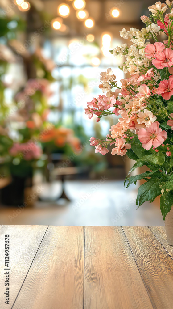 Fototapeta premium Blurred florist shop interior with warm ambient lighting and bokeh effect, delicate floral bouquet in soft pink and cream tones, placed on right side of rustic wooden table. Vertical banner copy space