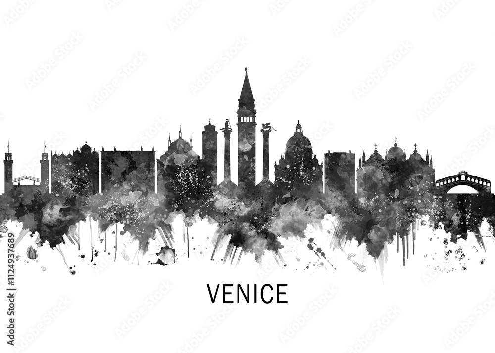 Fototapeta premium Venice Italy Skyline BW, landscape watercolor abstract painting print poster Heilongjiang travel illustration urban art modern downtown landmarks