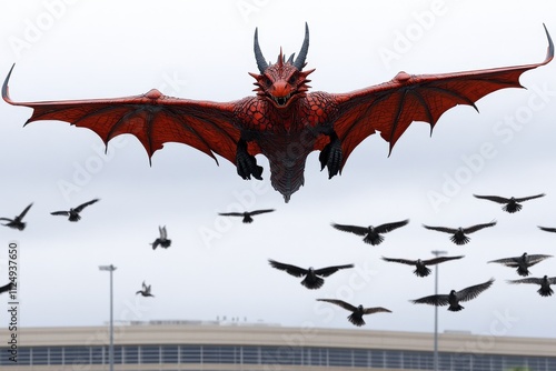 A dragon flying alongside migrating birds, its presence blending into the natural rhythm of the skies photo