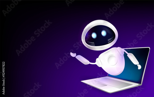 Robot AI Assistant Emerging from Laptop 3d vector illustration. Friendly chat bot robot assistant greets with hand from monitor. Modern technologies and Artificial intelligence concept banner