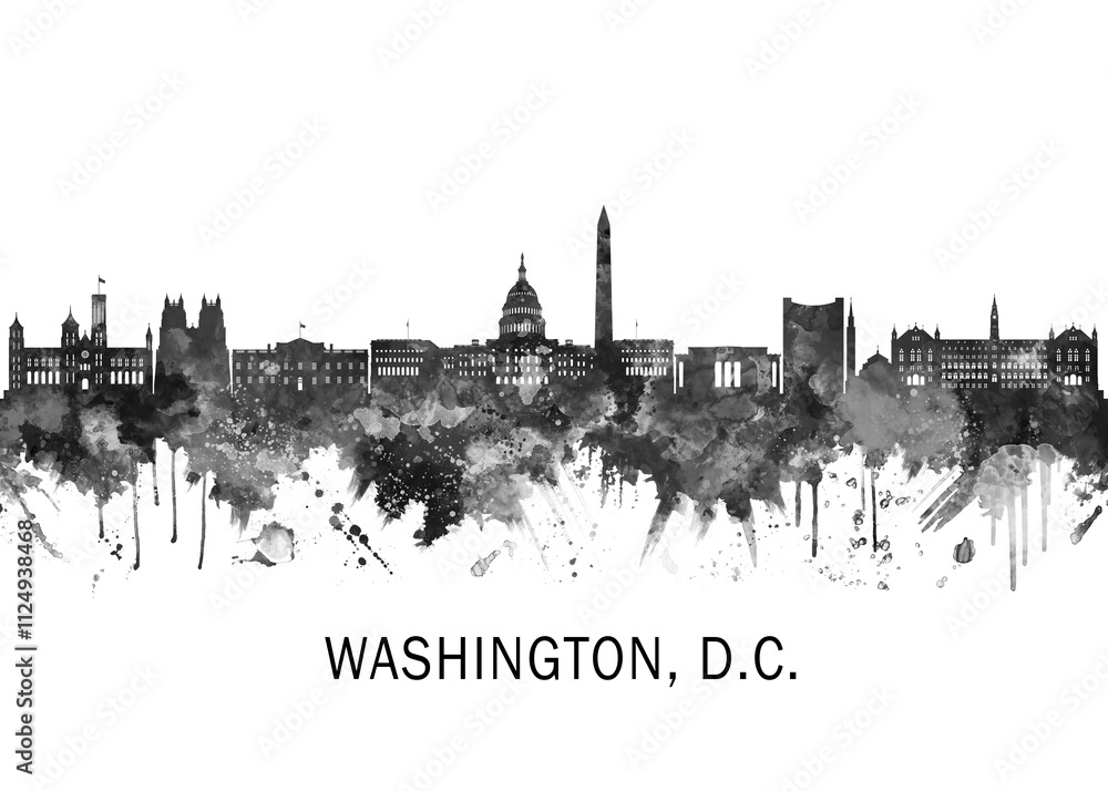 Washington D.C. USA Skyline BW, landscape watercolor abstract painting print poster Heilongjiang travel illustration urban art modern downtown landmarks