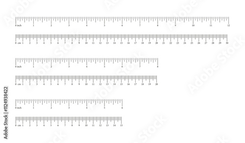 Inch, metric rulers. Measuring tools. Scale for ruler in centimeters, inches. Metrics indicators cm, inch. Measuring scales. Inches, centimeters measuring scale. 