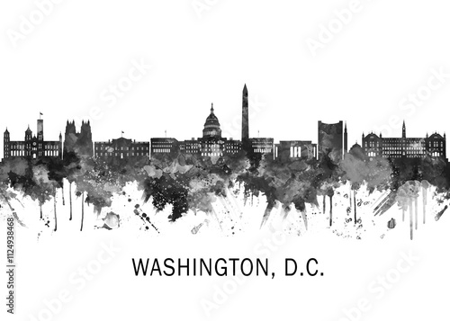Obraz na płótnie Washington D.C. USA Skyline BW, landscape watercolor abstract painting print poster Heilongjiang travel illustration urban art modern downtown landmarks w salonie