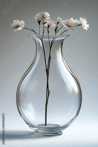 Photographie studio d'un vase en verre transparent au design simple et épuré, parfait pour des fleurs, sur fond blanc photo