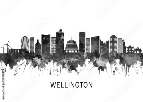 Wellington New Zealand Skyline BW, landscape watercolor abstract painting print poster Heilongjiang travel illustration urban art modern downtown landmarks