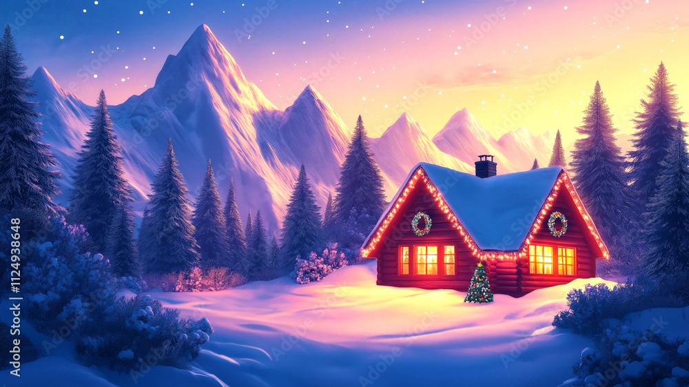 Illustration of cozy log cabin in snow-covered forest illuminated by warm glowing lights during serene winter evening. House is decorated with festive Christmas wreaths and garlands, soft snow falling Illustration of cozy log cabin in snow-covered forest illuminated by warm glowing lights during serene winter evening. House is decorated with festive Christmas wreaths and garlands, soft snow falling