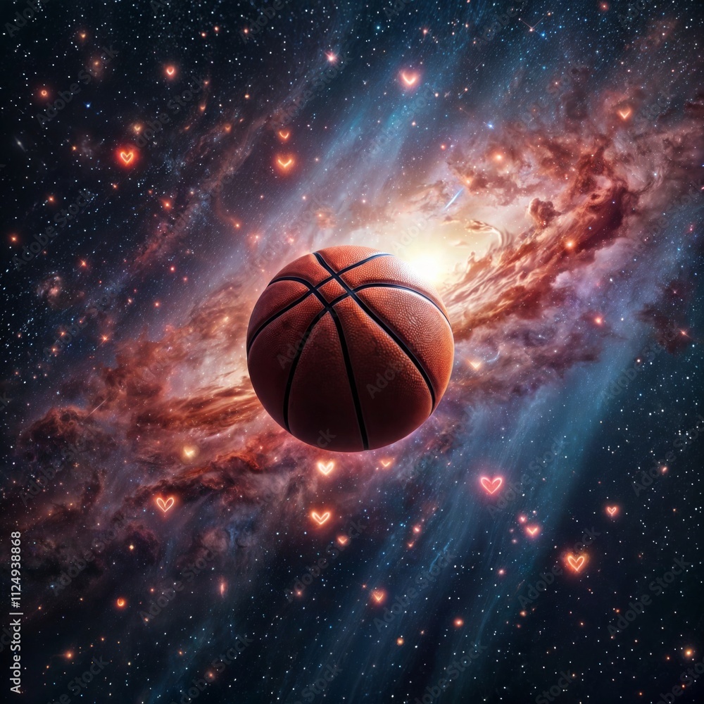 Basketball in space. A basketball floating in a vibrant galaxy with hearts. Basketball in space. A basketball floating in a vibrant galaxy with hearts.