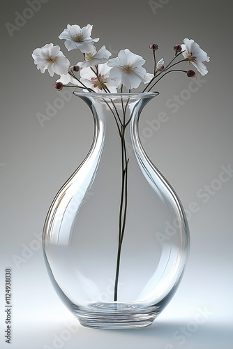 Photographie studio d'un vase en verre transparent au design simple et épuré, parfait pour des fleurs, sur fond blanc photo