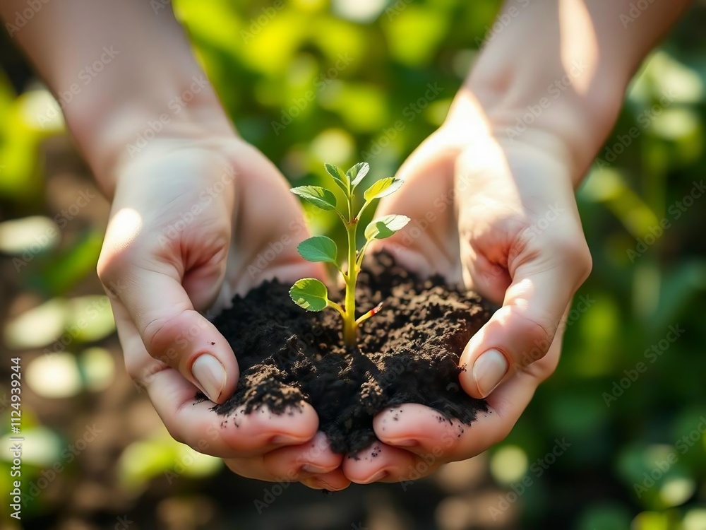 Fototapeta premium hand holding young plant on blur green nature background. concept eco earth day