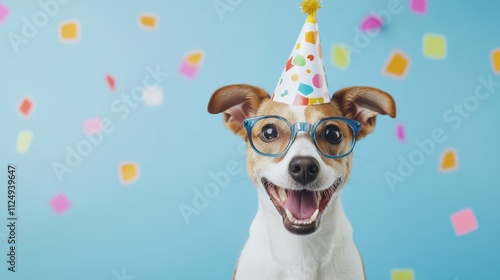 Happy Dog Wearing Party Hat and Glasses Celebrating with Colorful Confetti photo