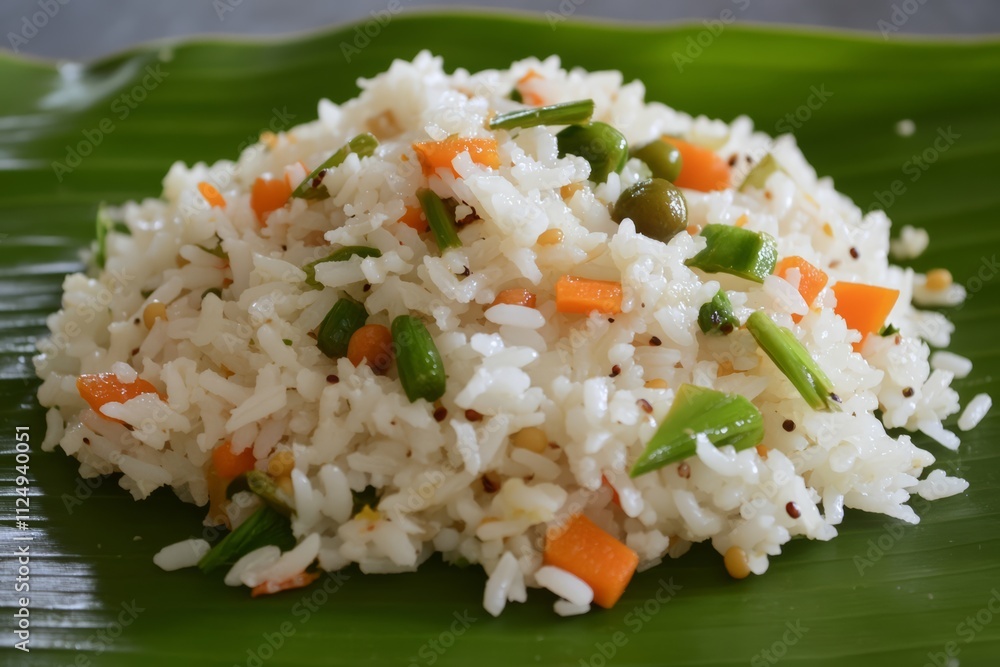 Delicious Mixed Vegetable Fried Rice in Bowl on Banana Leaf Background. Delicious Mixed Vegetable Fried Rice in Bowl on Banana Leaf Background.