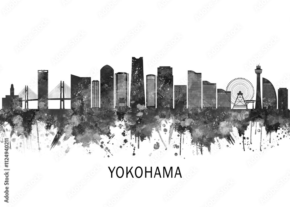 Yokohama Japan Skyline BW, landscape watercolor abstract painting print poster Heilongjiang travel illustration urban art modern downtown landmarks