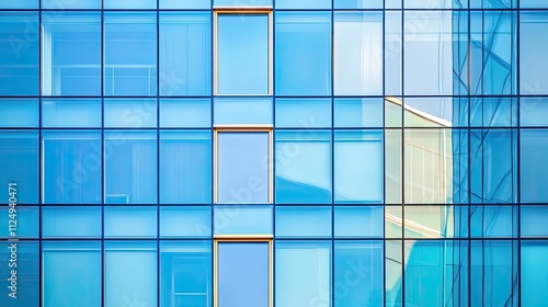 Modern glass building facade with blue tinted windows and metal frames. photo