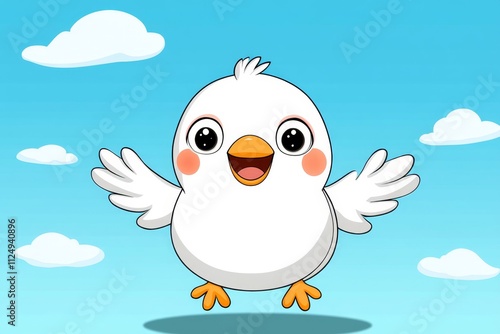 A flat vector of a dwarf bird flying through a pastel-colored sky, drawn with simple, playful lines on a white canvas