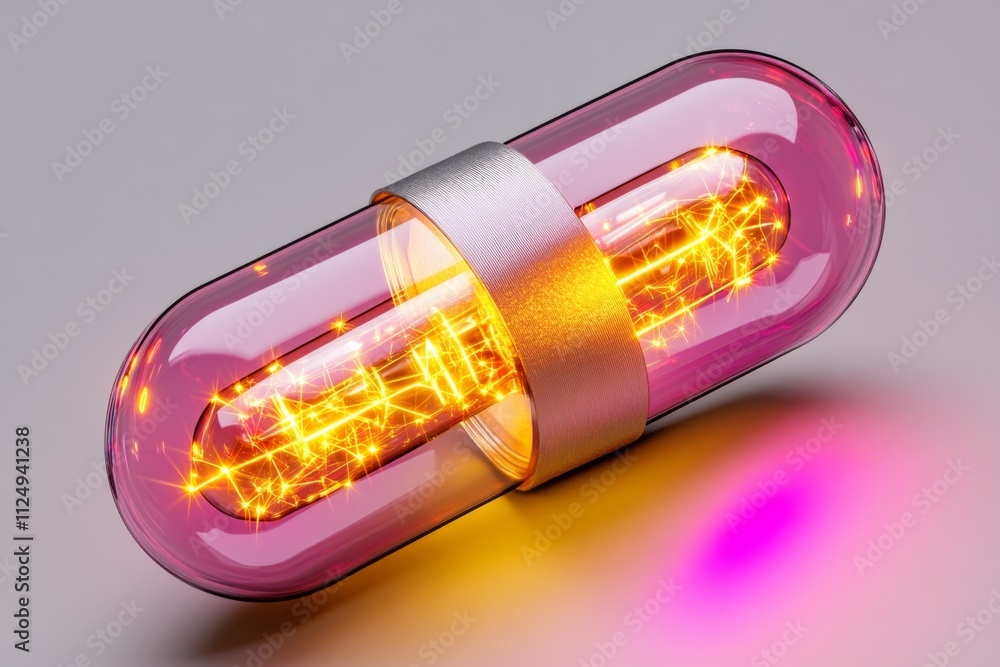 A futuristic 3D-rendered pill with glowing nanotechnology embedded inside, symbolizing advanced drug delivery systems A futuristic 3D-rendered pill with glowing nanotechnology embedded inside, symbolizing advanced drug delivery systems