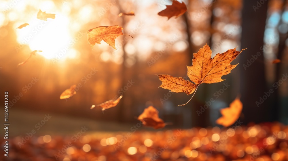 Beautiful autumn landscape with yellow trees and sun. Colorful foliage in the park. Falling leaves natural background Beautiful autumn landscape with yellow trees and sun. Colorful foliage in the park. Falling leaves natural background