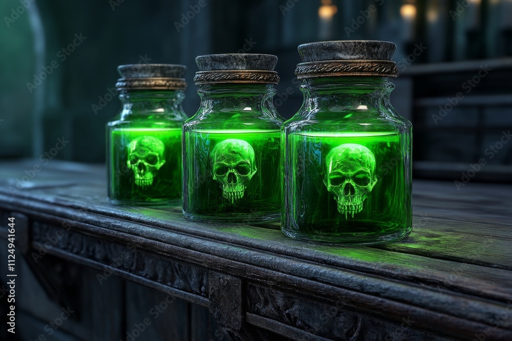 A gothic apothecary with ancient bottles, glowing green potions, and skull motifs carved into the wooden shelves A gothic apothecary with ancient bottles, glowing green potions, and skull motifs carved into the wooden shelves
