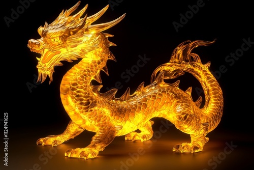 A golden dragon curled around a glowing magical staff, its body radiating energy and light