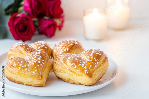 Romantic Heart Pastries with Powdered Sugar and Red Roses for Valentine’s Day photo