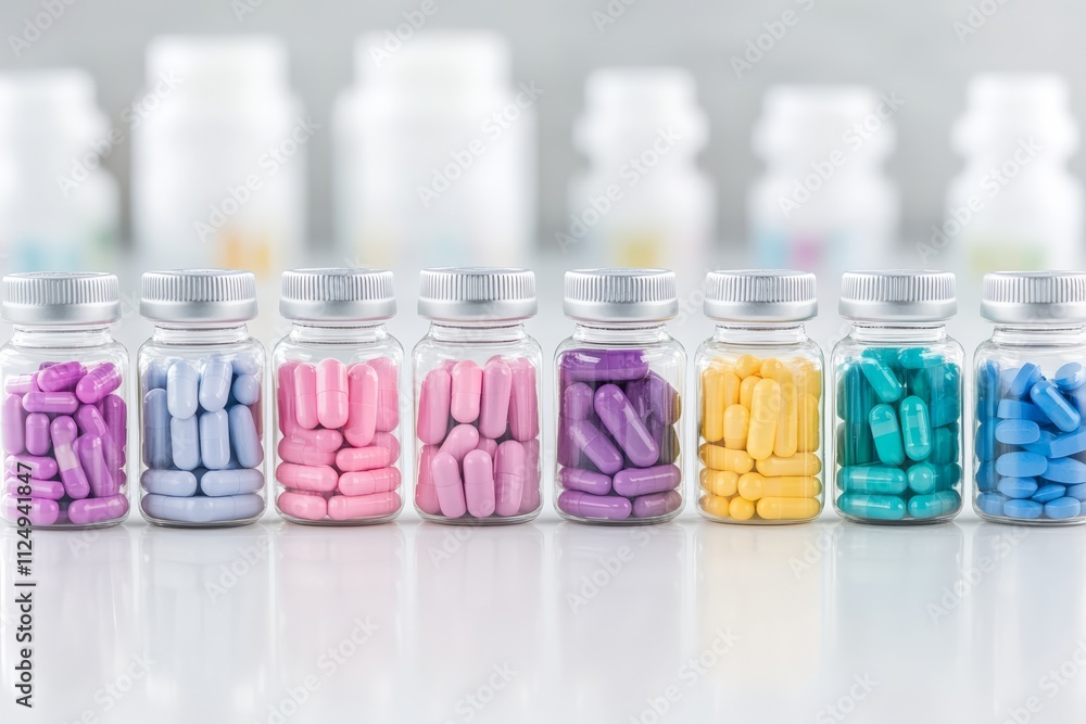 Colorful Capsules in Glass Bottles Arranged in a Row on a Reflective Surface Colorful Capsules in Glass Bottles Arranged in a Row on a Reflective Surface