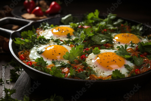 Shakshuka with eggs, tomatoes and parsley in a cast iron skillet. 