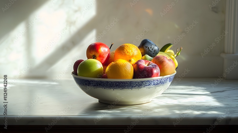 Closeup of a vibrant fruit bowl on a marble kitchen counter with sunlight streaming in through the window. Closeup of a vibrant fruit bowl on a marble kitchen counter with sunlight streaming in through the window.