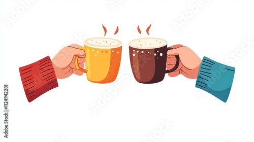 Cheers to coffee mugs. A pair of friends celebrate the holiday while sipping hot winter beverages. Hands clasping, cups of tea and cacao clinking.  photo