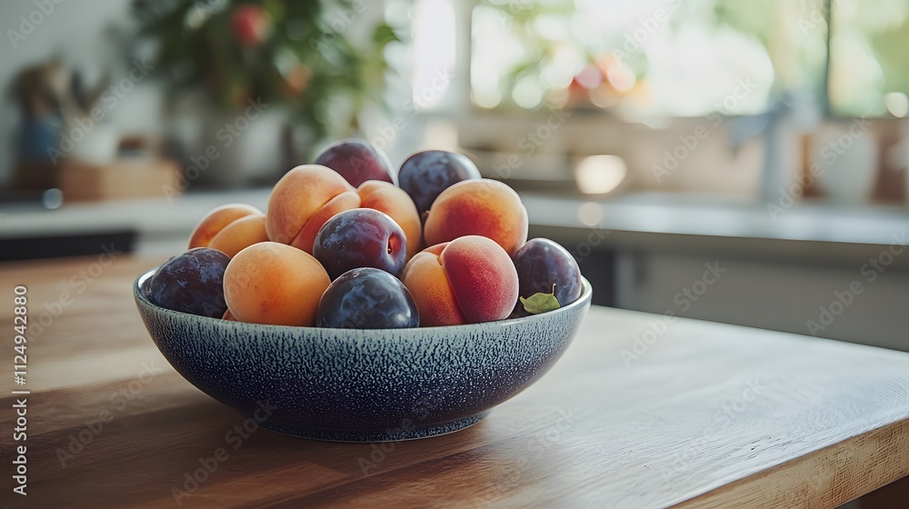 Closeup of a fruit bowl surrounded by minimalist kitchen decor, featuring fresh peaches and plums. Closeup of a fruit bowl surrounded by minimalist kitchen decor, featuring fresh peaches and plums.